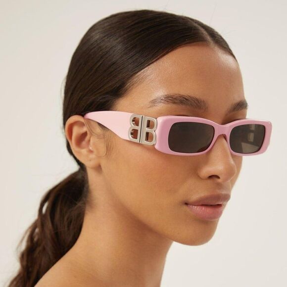 NEW Balenciaga  BB0096S 012 Pink Silver Logo Grey Rectangle Unisex Sunglasses